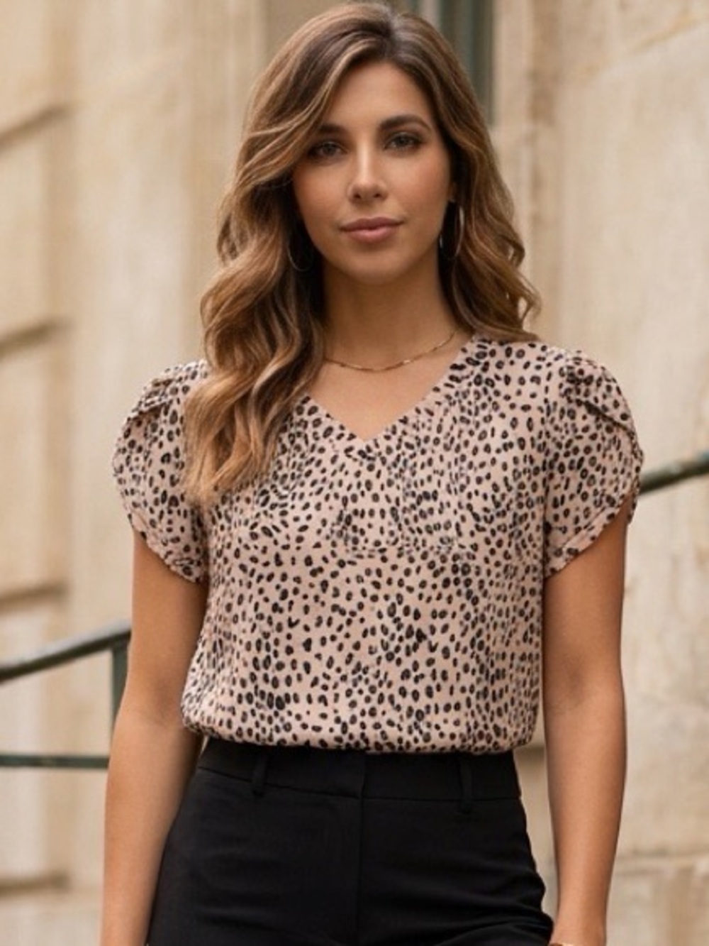 SHEIN LUNE Leopard Print Petal Sleeve V-Neck Blouse Medium NWOT - Picture 3 of 4